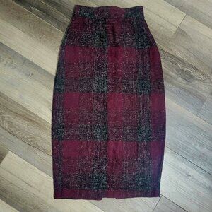 Vintage 80s Kerryview Wool Plaid Pencil Skirt XS Burgundy Buffalo Check